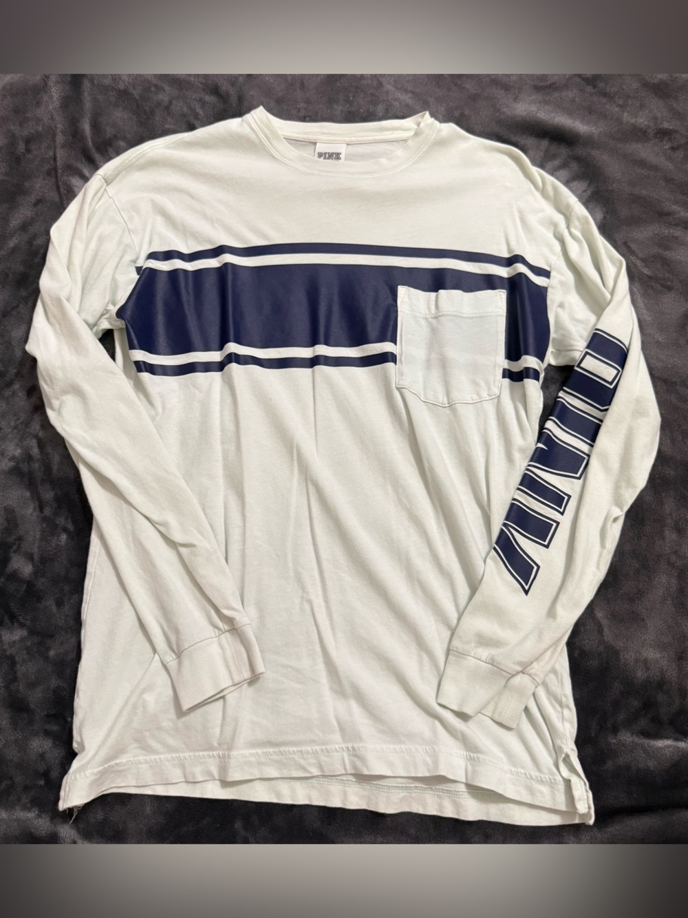 PINK Victoria's Secret White Long-Sleeve Tee with Navy Stripes